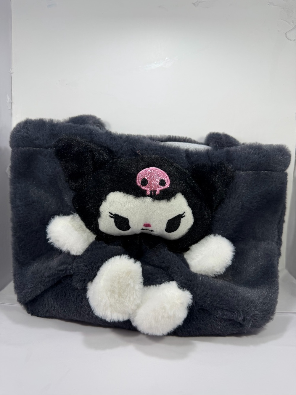 Plush Character Shoulder Bag in Dark Gray with White Accents
